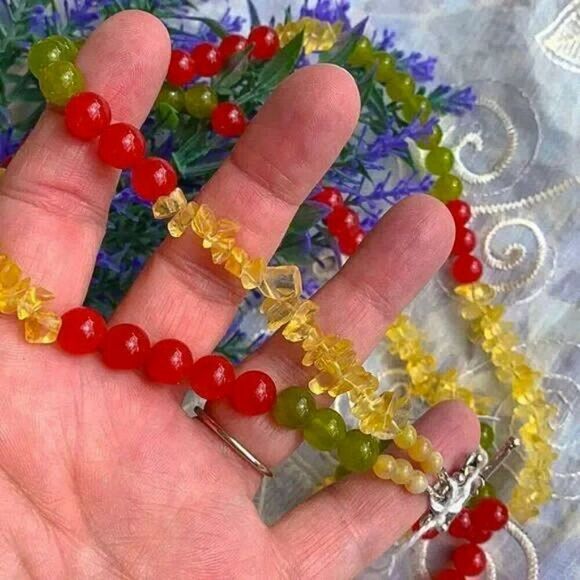 Vintage Peridot, Carnelian & Citrine Gemstone Necklace 850 Silver - Picture 9 of 11